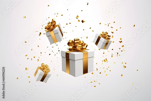 Merry New Year and Merry Christmas 2024 white gift boxes with golden bows and gold sequins confetti on white background. © Anny