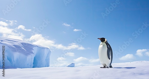 Penguin standing in Antarctica looking into the blue sky.