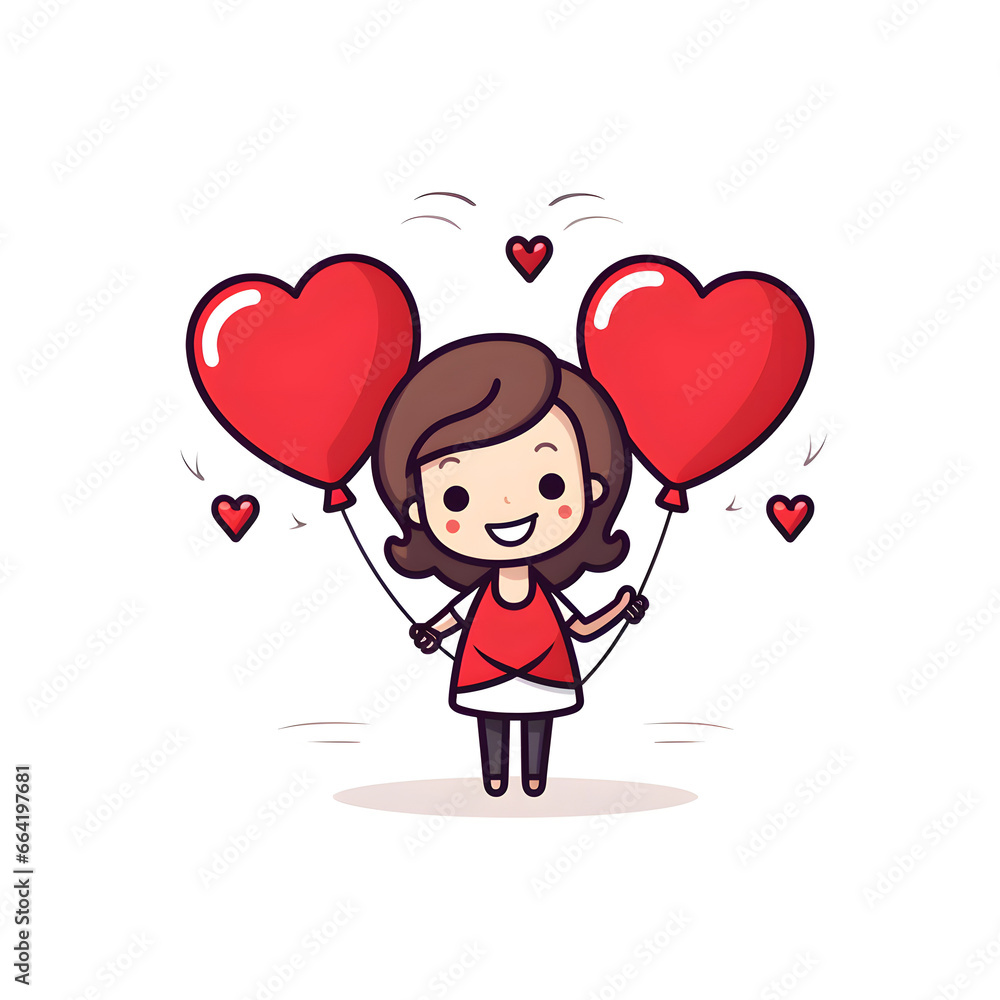 Valentine day simple cute icon of woman with heart shape balloons, white background Valentine day simple cute icon of woman with heart shape balloons, white background