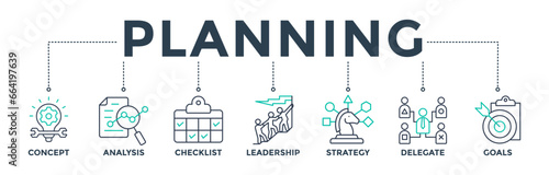 Planning banner web icon vector illustration concept with an icon of concept, analysis, checklist, leadership, strategy, delegate, and goals