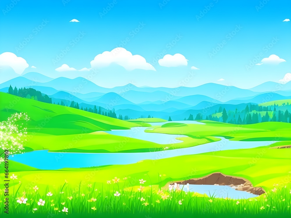 Obraz premium Illustration of landscape with lake and grass cartoon background