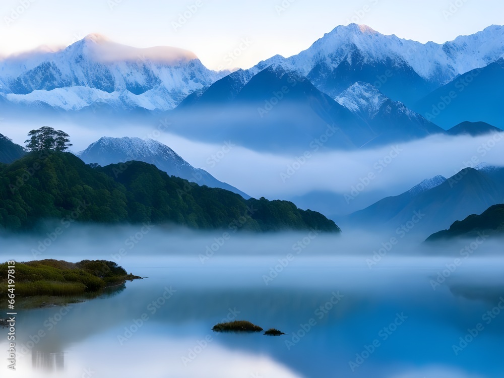 blue lake fog mountain in the morning
