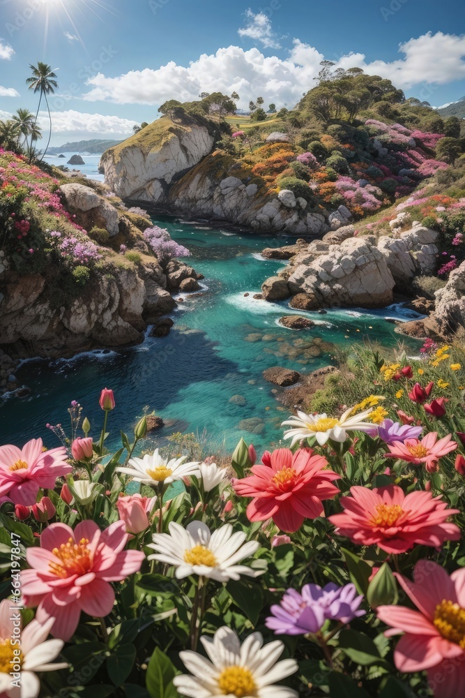 Colorful flowers in the foreground and a turquoise sea on the background. Generative AI.