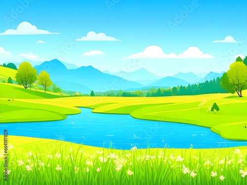 Illustration of landscape with lake and grass cartoon background