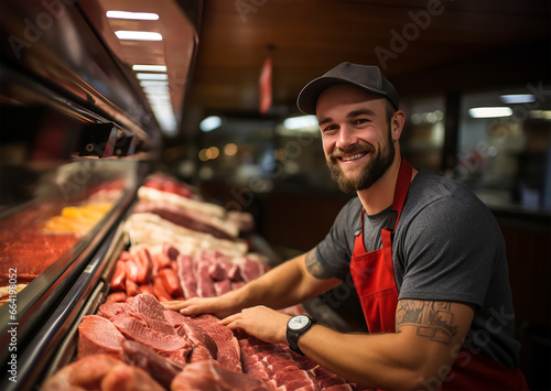 butcher shop, a young man stands poised behind the meat counter, an emblem of dedication to his craft