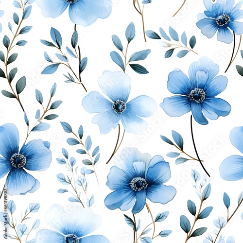 Seamless pattern Blue flowers and leaves swirling isolated on a white background  water color