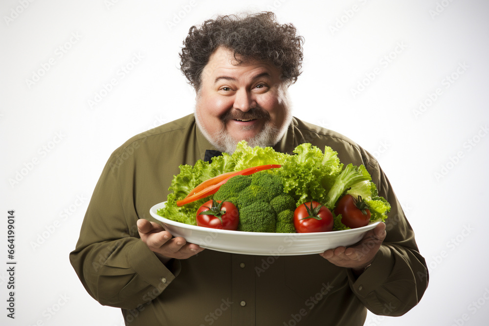 Overweight man eating a delicious hamburger