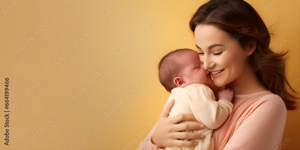 Happy Mom holding baby, isolated on soft yellow colour background
