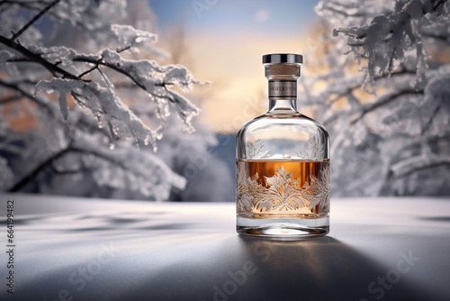 Mockup of a whiskey or liquor bottle on a natural style background