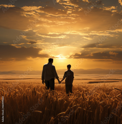 Father and child in wheat field at sunset