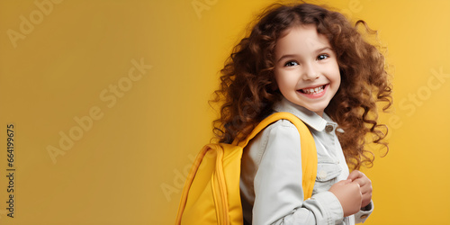 girl student with backpack smiling for back to school, isolated on yellow studio background with copy space