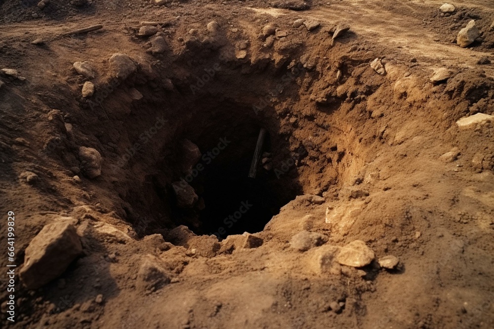 An empty pit dug in the ground for burial purposes. Generative AI - obrazy, fototapety, plakaty 