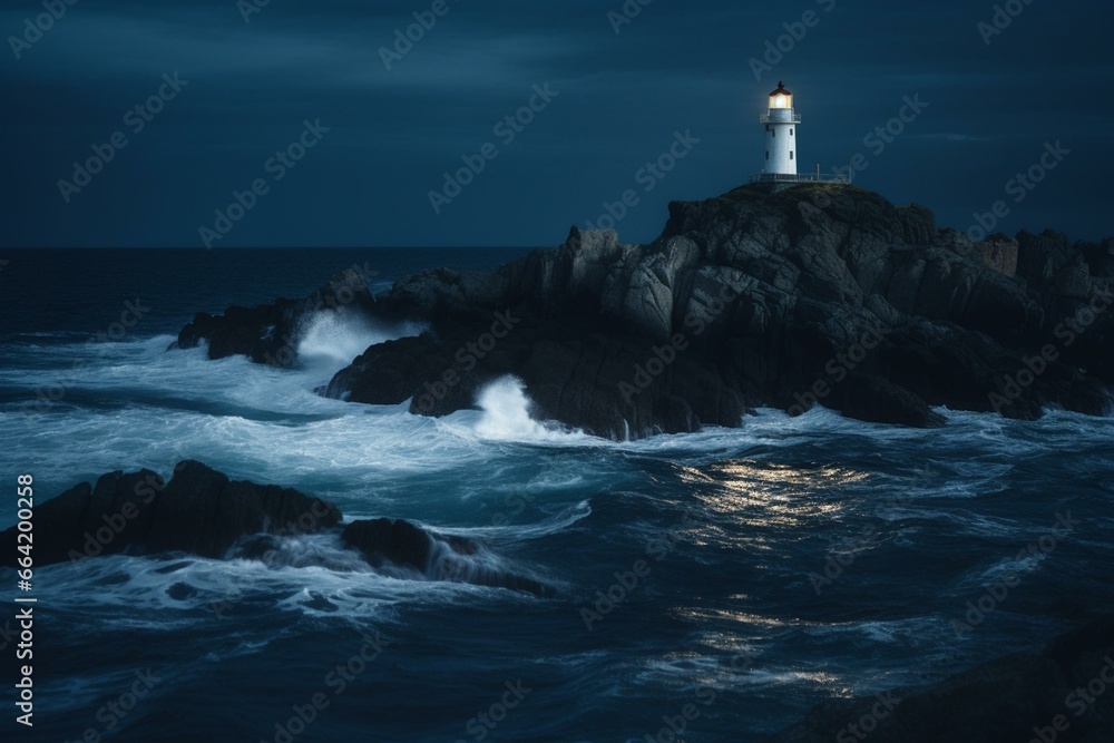 a illuminated coastal beacon surrounded by rocks contrasted against a tumultuous deep blue ocean. Generative AI