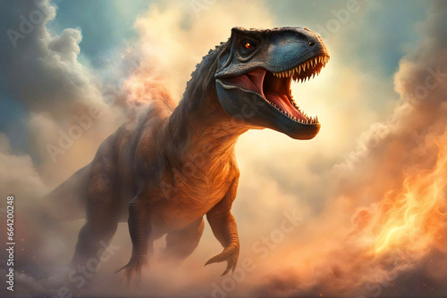 Tyrannosaurus rex dinosaur surrounded by fire and smoke. © saurav005