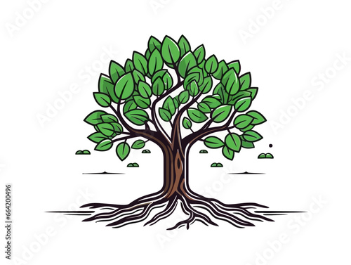 Doodle Tree with roots, cartoon sticker, sketch, vector, Illustration, minimalistic