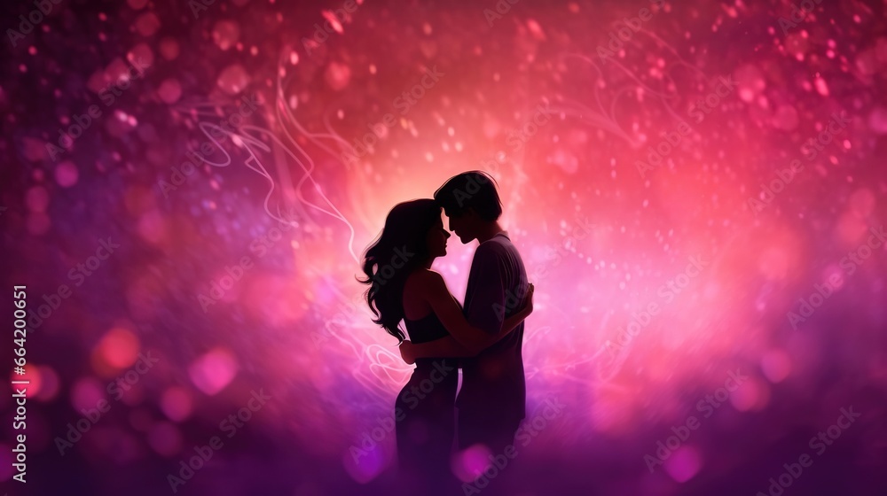 Two lovers kissing in front of Bokeh pink background. Created with Generative Ai technology. Two lovers kissing in front of Bokeh pink background. Created with Generative Ai technology.