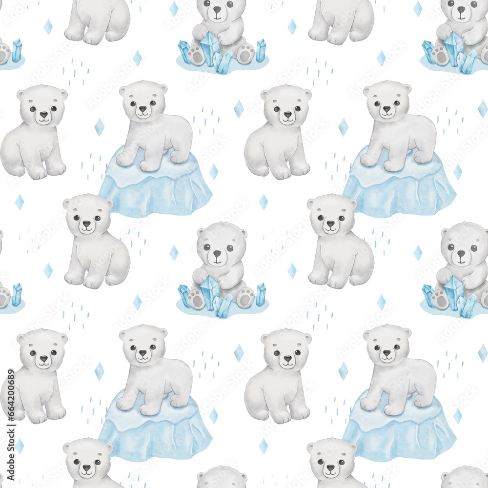 Seamless pattern with cute polar baby bear. Watercolor cartoon hand drawn childish pattern for kids or newborn. Funny little animal on white background
