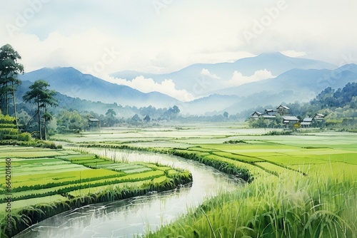 Rice fields depicted in a watercolor painting style. Generative AI