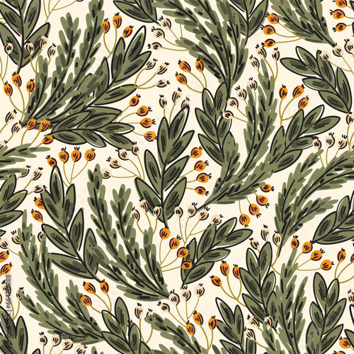 Wild berries with leaves scattered in a christmas color palette of forest green,orange,cream. Christmas seamless vector pattern. Great for homedecor, fabric,wallpaper,giftwrap,stationery,packaging.