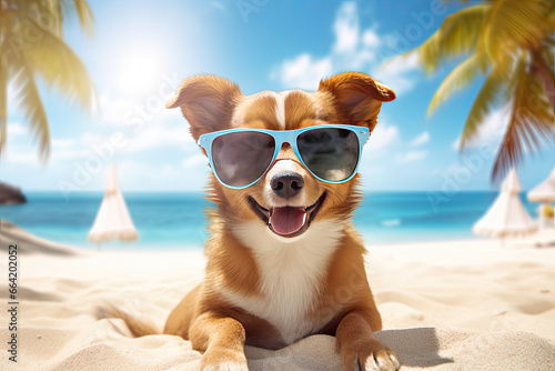 a cute dog with sunglasses on the sand beach on a sunny day enjoying vacation