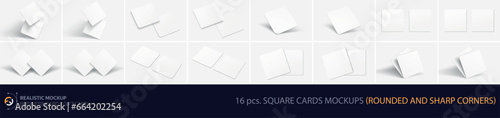 Realistic set mockup business card / credit credit / gift card: 16 pc mockup. Set of square cards with sharp and rounded corners with realistic shadows isolated on light background. 
