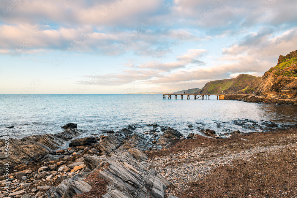 Iconic Second Valley coastal view with pier at dusk, Fleurieu Peninsula, South Australia