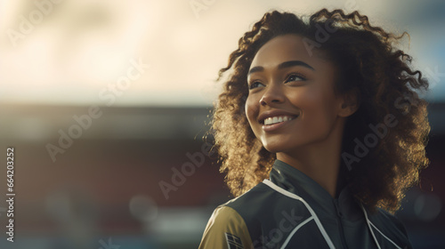 Happy smiling motivated afro american young woman runner at outdoor stadium, copy space
