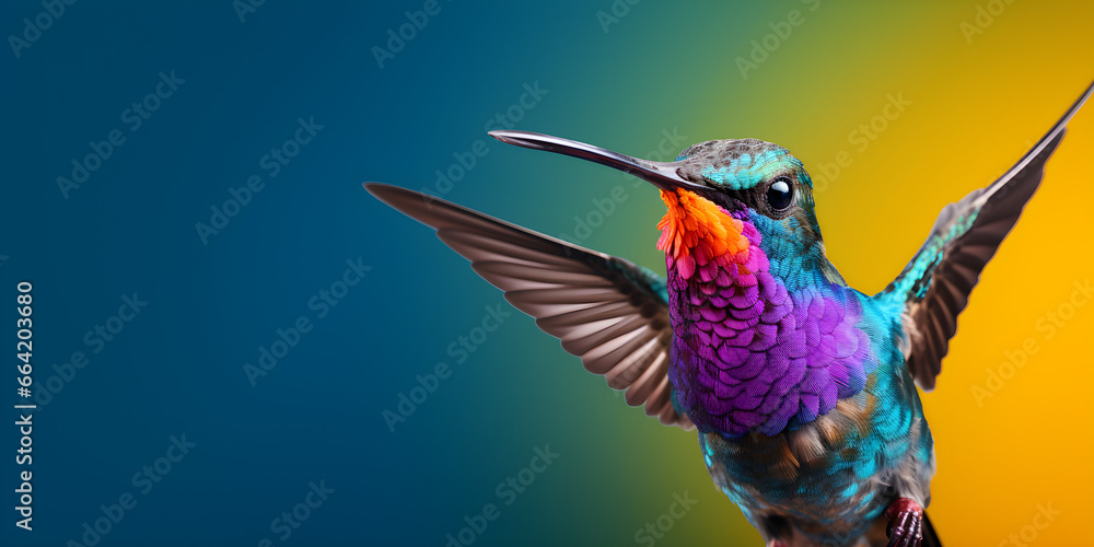 close up studio shot of hummingbird in flight isolated on colour background