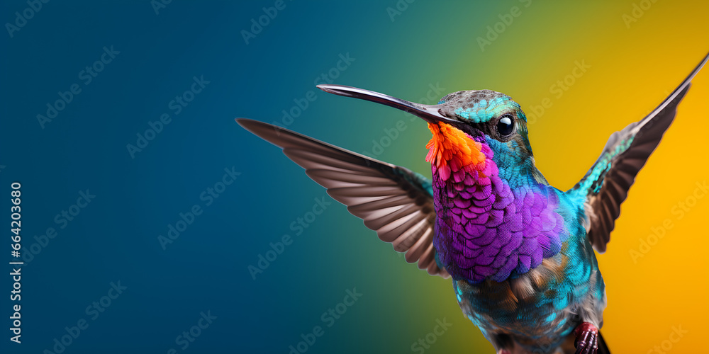 Obraz premium close up studio shot of hummingbird in flight isolated on colour background