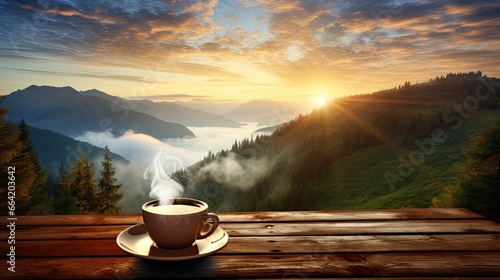 A cup of hot coffee on a wooden table against a background in the mountains