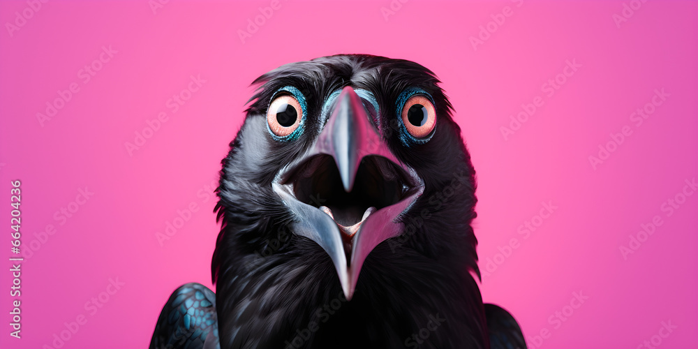 funny studio portrait of crow isolated on pink background - obrazy, fototapety, plakaty 