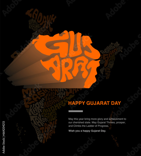 Gujarat Day greetings vector creative. Gujarat map lettering post with greeting message.
