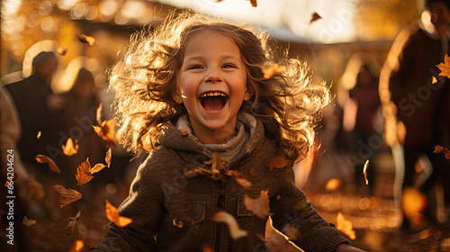 A laughing girl between falling autumn leaves