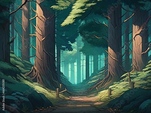 Green summer forest in anime style