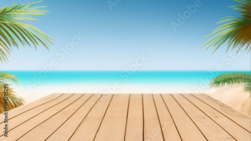 Empty Wooden Table for Product Display: Blurred Sea Background