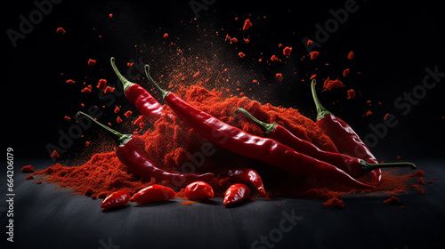 Flying dry chili pepper and chili powder © ASHFAQ