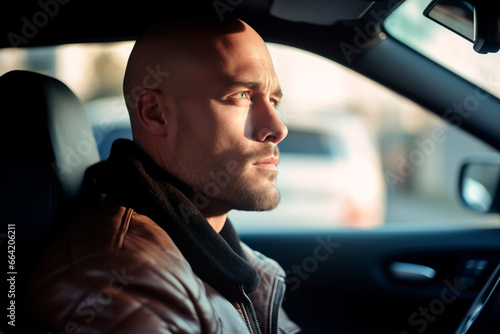 A handsome and serious male driver in a car © Uliana