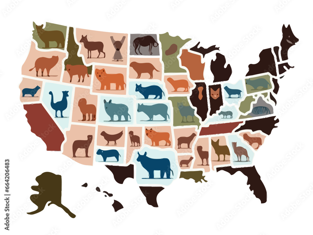 Doodle State Map with State Animal, cartoon sticker, sketch, vector