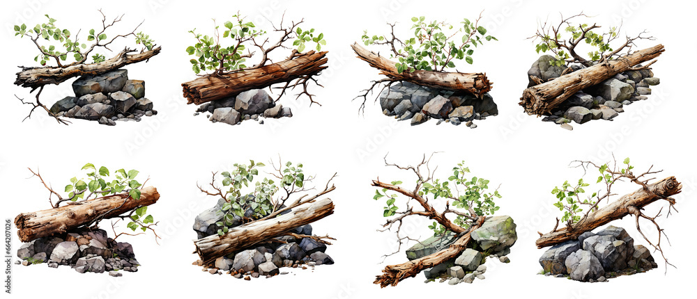 Fototapeta premium branch and stone watercolor illustration, generative AI
