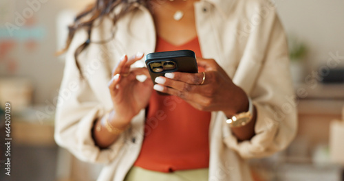 Slika na platnu Closeup, businesswoman and hand with smartphone for e commerce, digital banking or mobile app in space