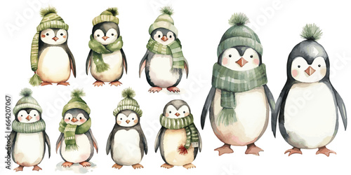 cute penguins in green and beige winter cloths watercolor vectors