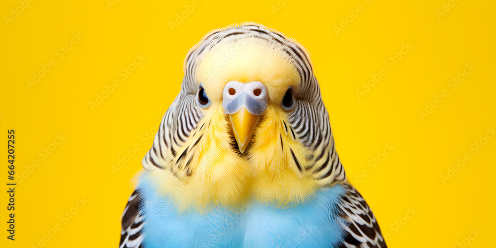 colourful studio portrait of blue and yellow budgerigar bird isolated on yellow background - obrazy, fototapety, plakaty 