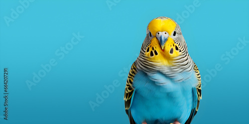 colourful studio portrait of blue and yellow budgerigar bird isolated on blue background with copy space