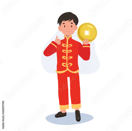 Happy Smiling little Child Celebrating Chinese New Year with Gold Coin and doing thumb up.