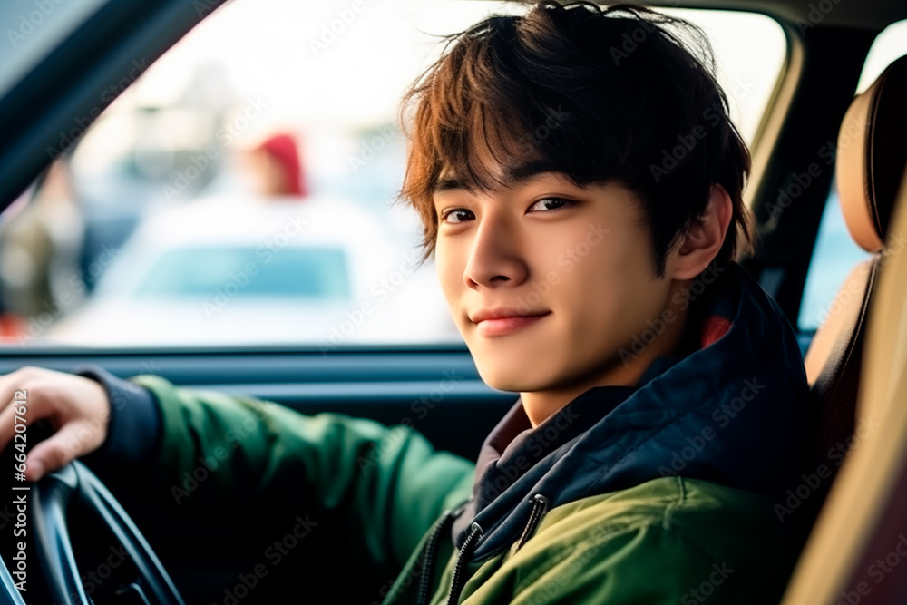 A handsome and serious male driver in a car A handsome and serious male driver in a car