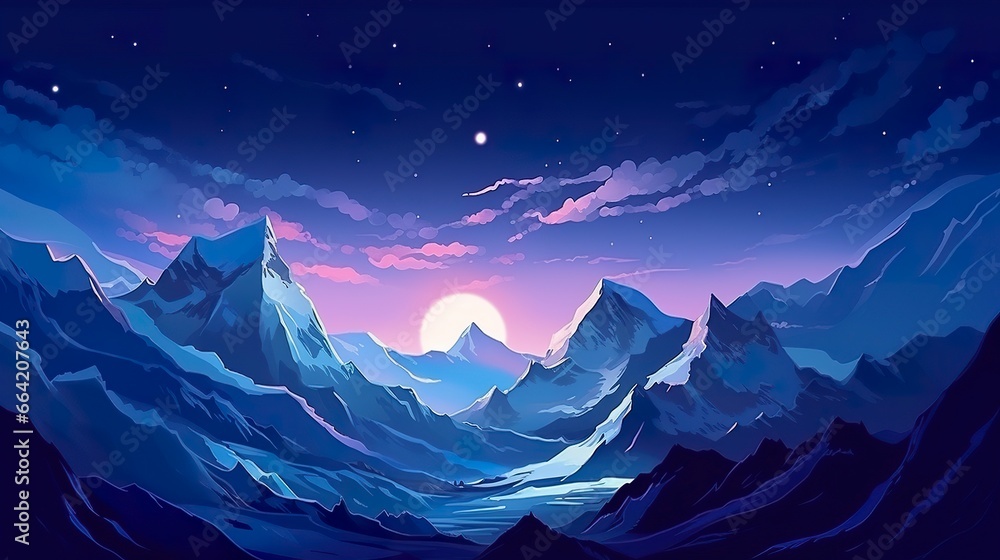 Snow peaks and glaciers on the dark sky landscape illustration.