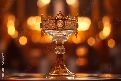 The golden monstrance with a little transparent crystal center, consecrated host. church defocused background.