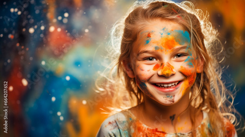 A portrait of a young student artist, splatters of paint on the face, set against a playful multicolor backdrop, copy space.