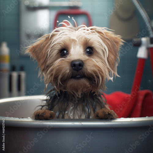 Cute dog taking a bath in bathtub, Pet grooming