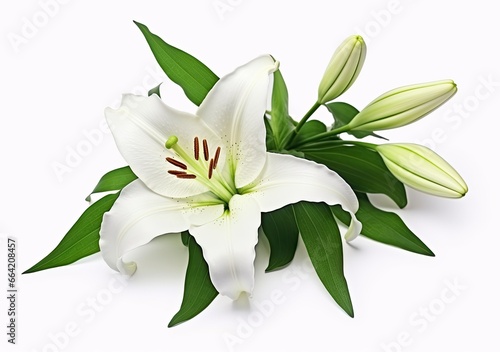 Beautiful fresh lily flower with green leaves, isolated on white background. © Ahasanara